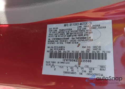 2005 Ford Mustang V6 Deluxe/V6 Premium из США, поврежденный, VIN 1ZVFT80NX55225500